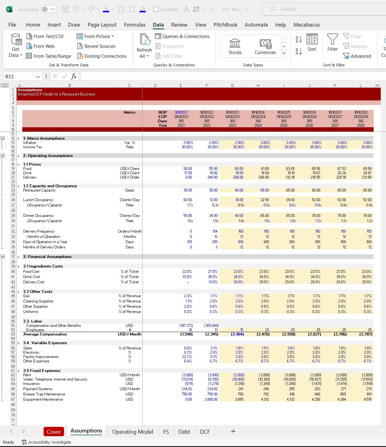DCF Financial Statements. Excel Spreadsheet Snip. Assumptions Projections