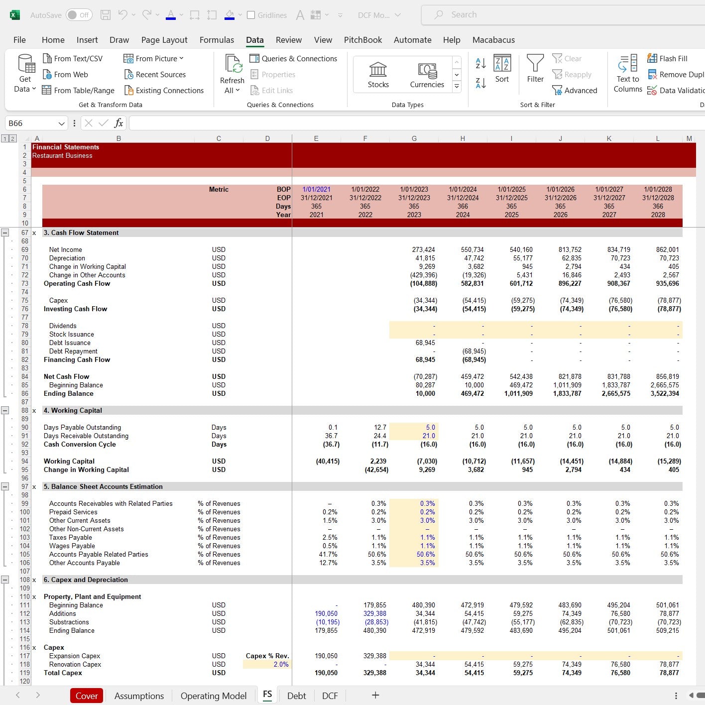 DCF Financial Statements. Excel Spreadsheet Snip. Cash Flow Projections