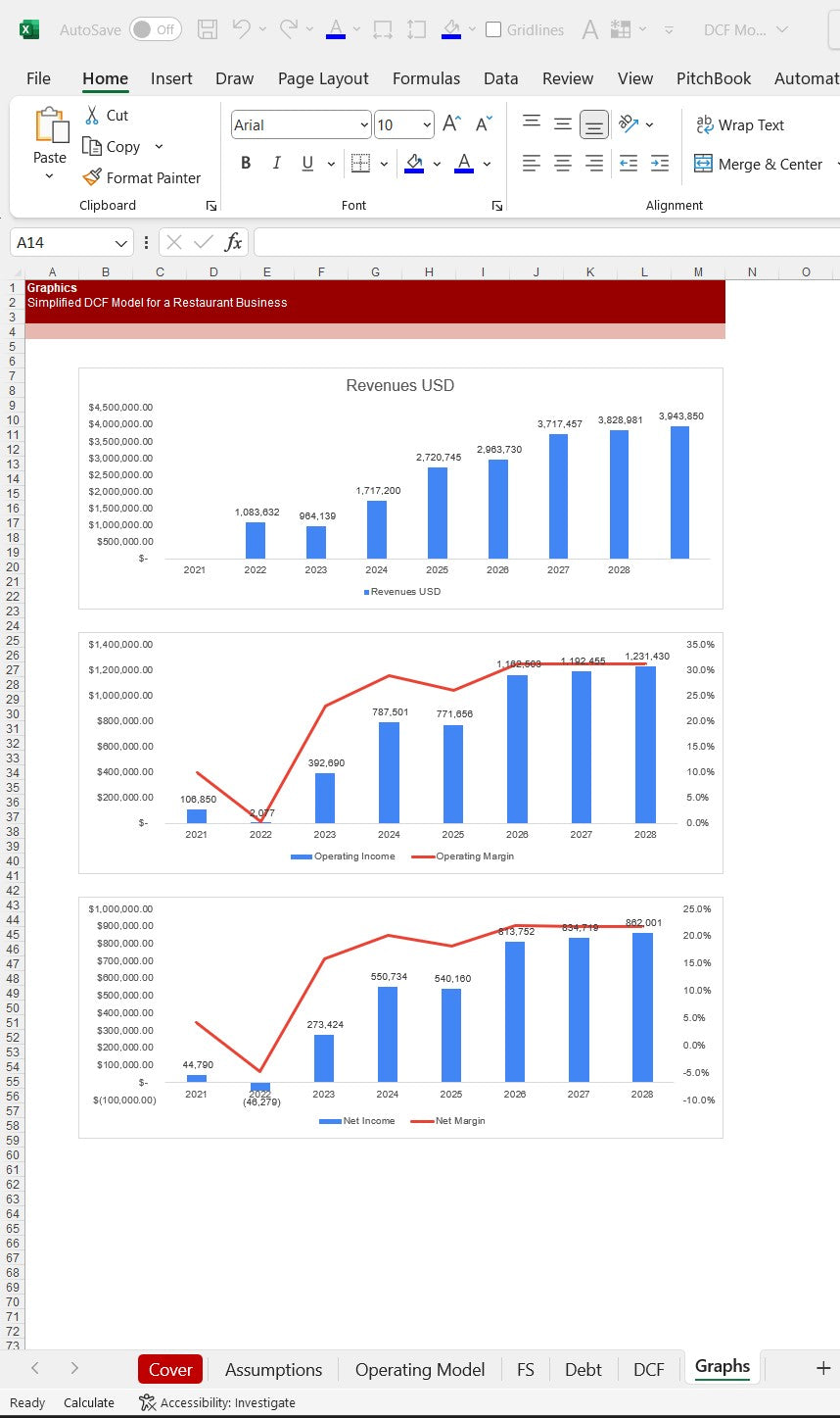DCF Financial Statements. Excel Spreadsheet Snip. Graphs output