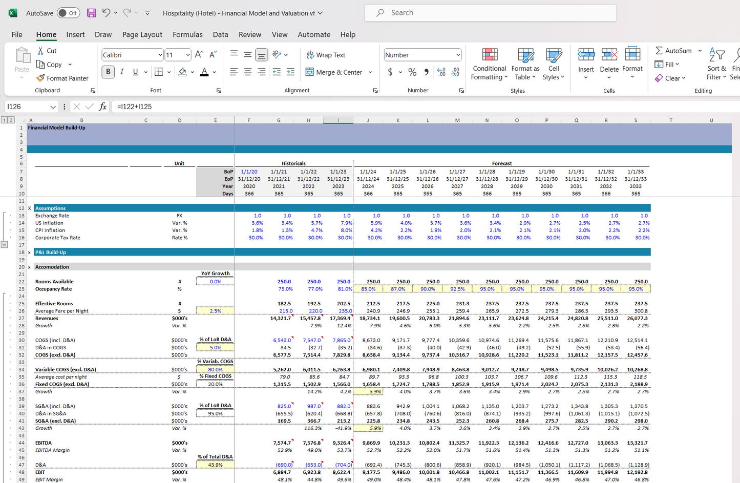 Hospitality (Hotel) Financial Model and Valuation Excel Spreadsheet. Build-up snip 6