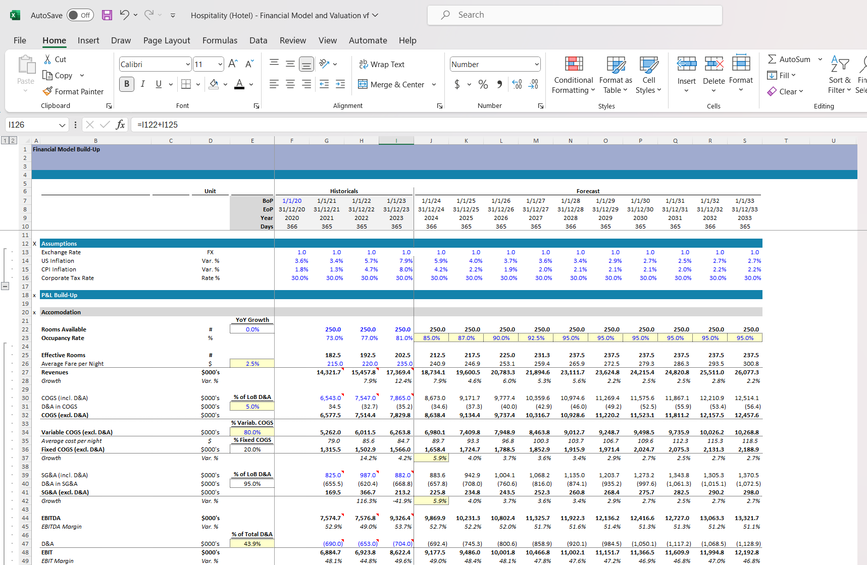 Hospitality (Hotel) Financial Model and Valuation Excel Spreadsheet. Build-up snip 6