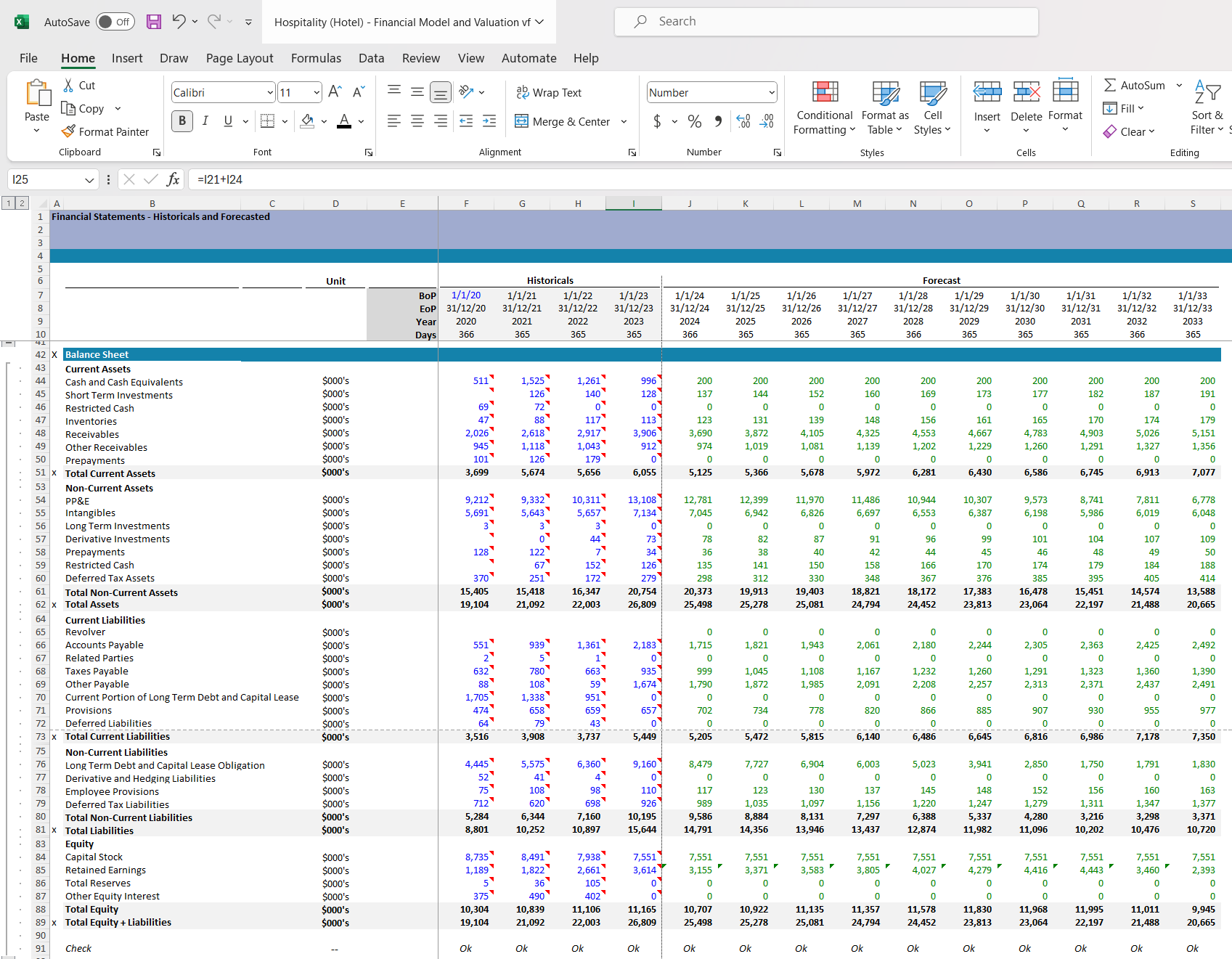 Hospitality (Hotel) Financial Model and Valuation Excel Spreadsheet. Balance Sheet snip
