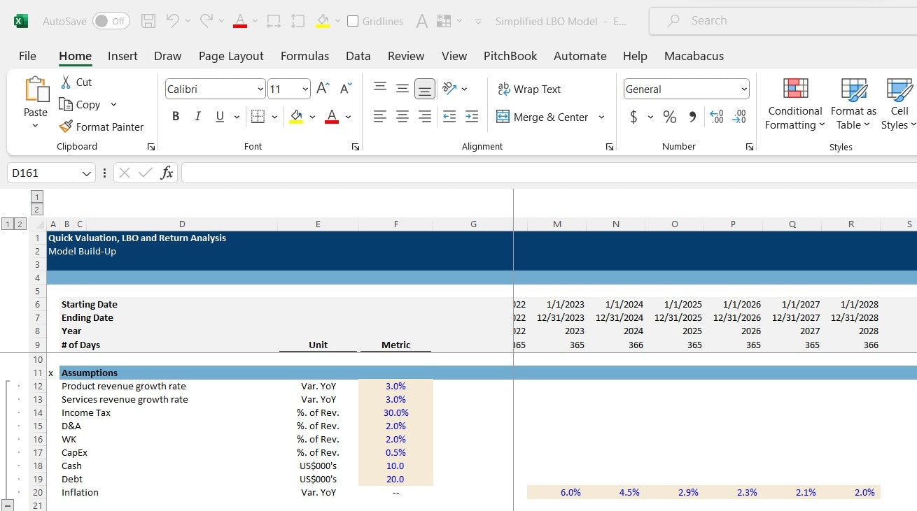 LBO and Return Analysis Excel Spreadsheet Template. Snip Assumptions