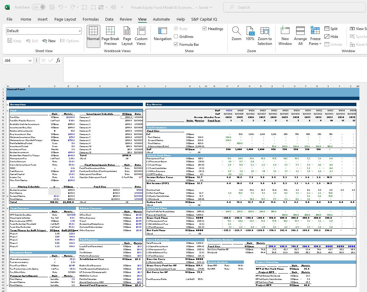 Private Equity Fund Projections Spreadsheet Control Planel Snip