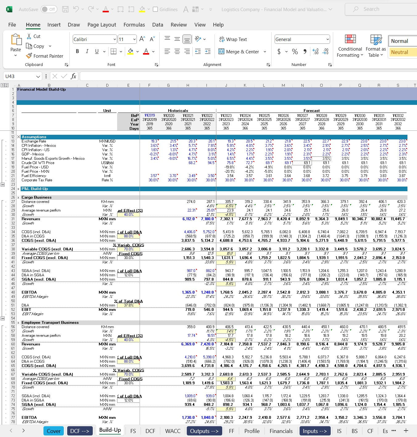 Logistics company financial model excel spreadsheet template. Build-up Excel snip