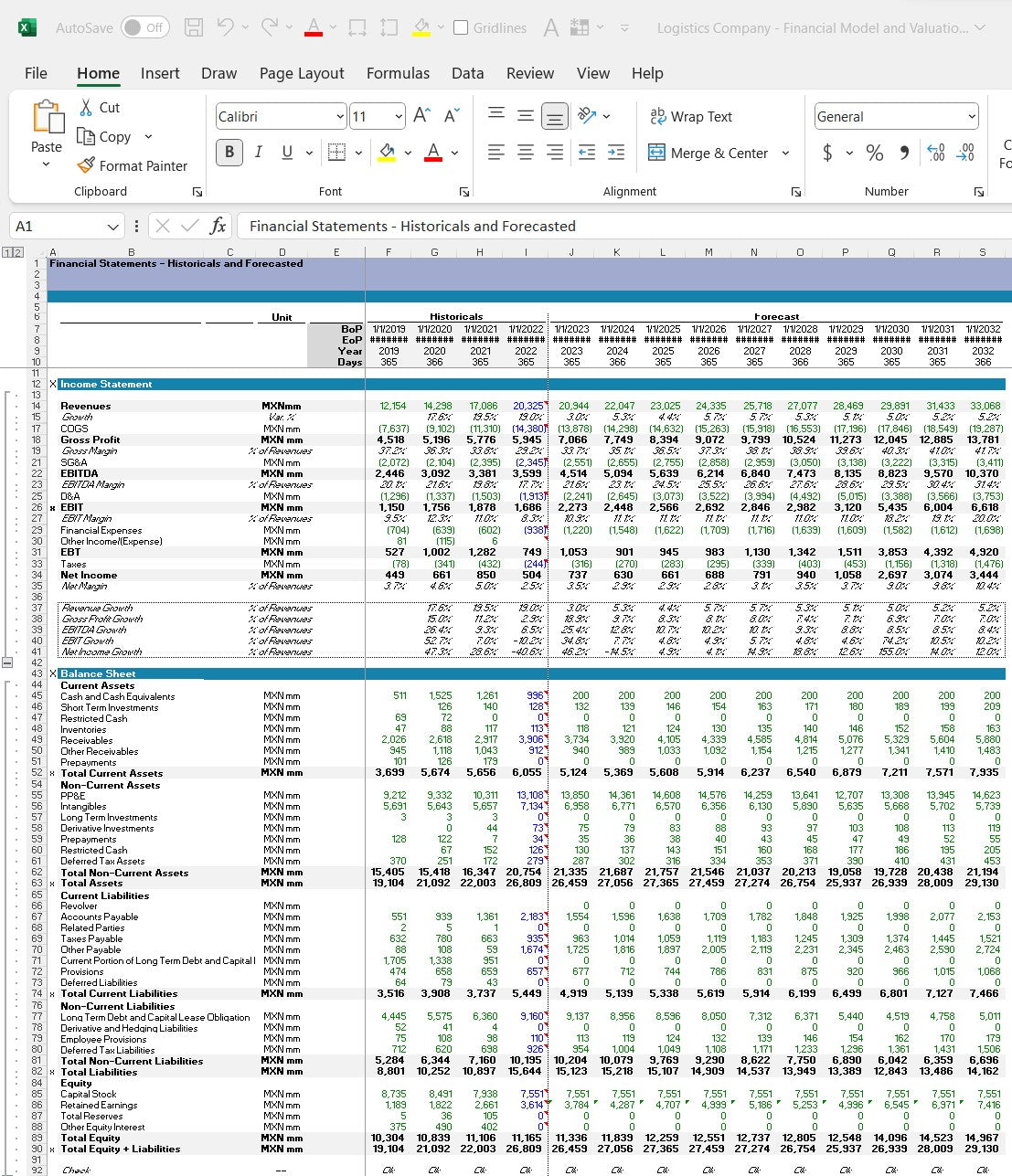 Logistics company financial model excel spreadsheet template. Balance Sheet Excel snip 2