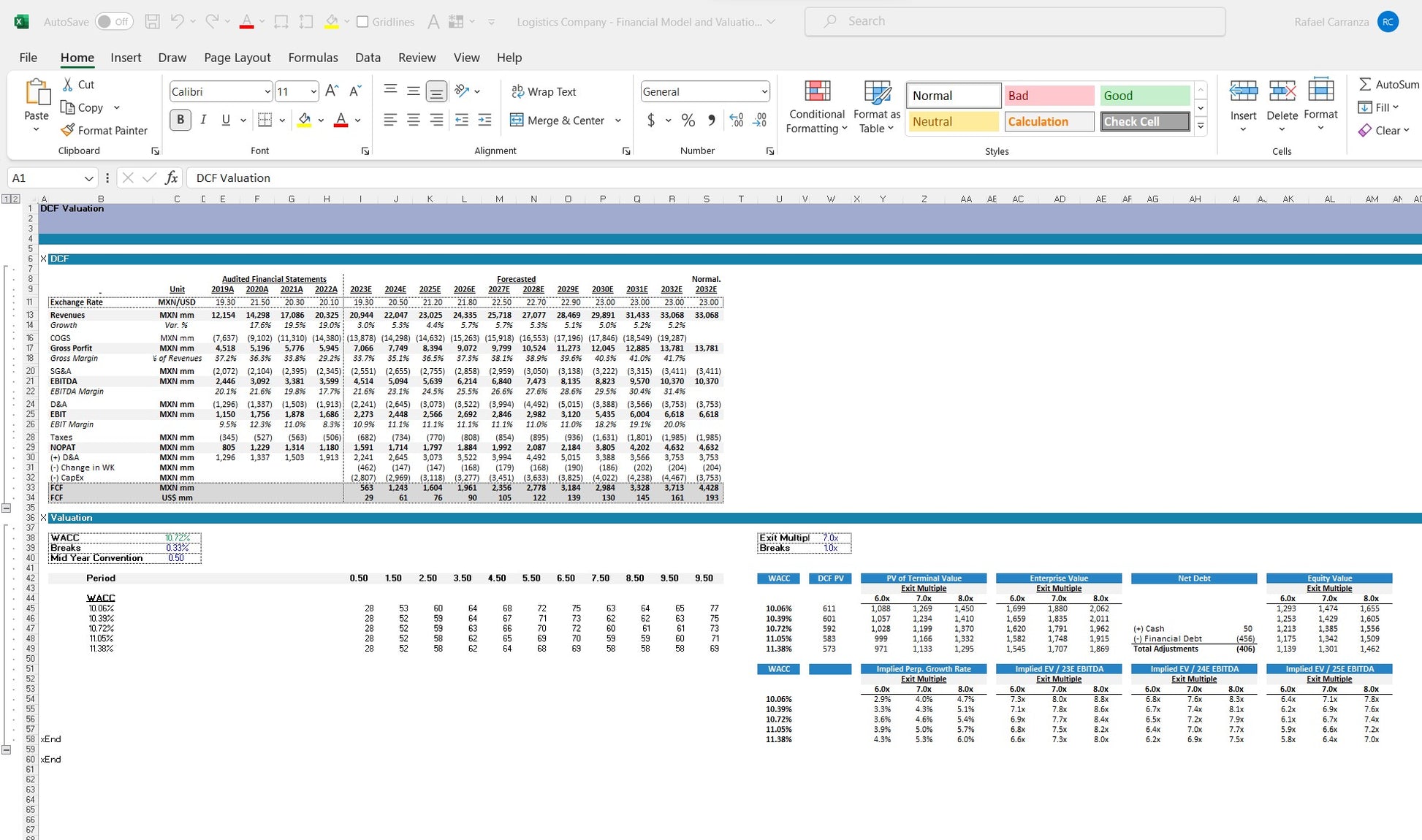 Logistics company financial model excel spreadsheet template. DCF Excel snip