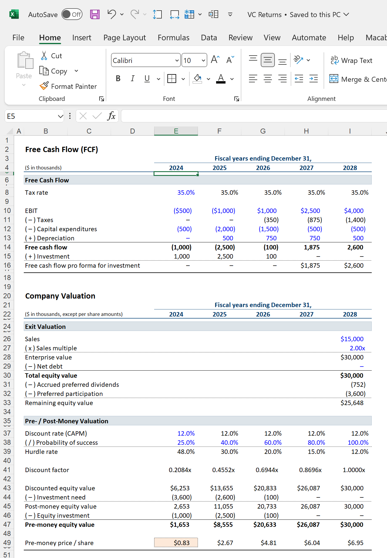 Venture Capital Investment - Financial Model Template