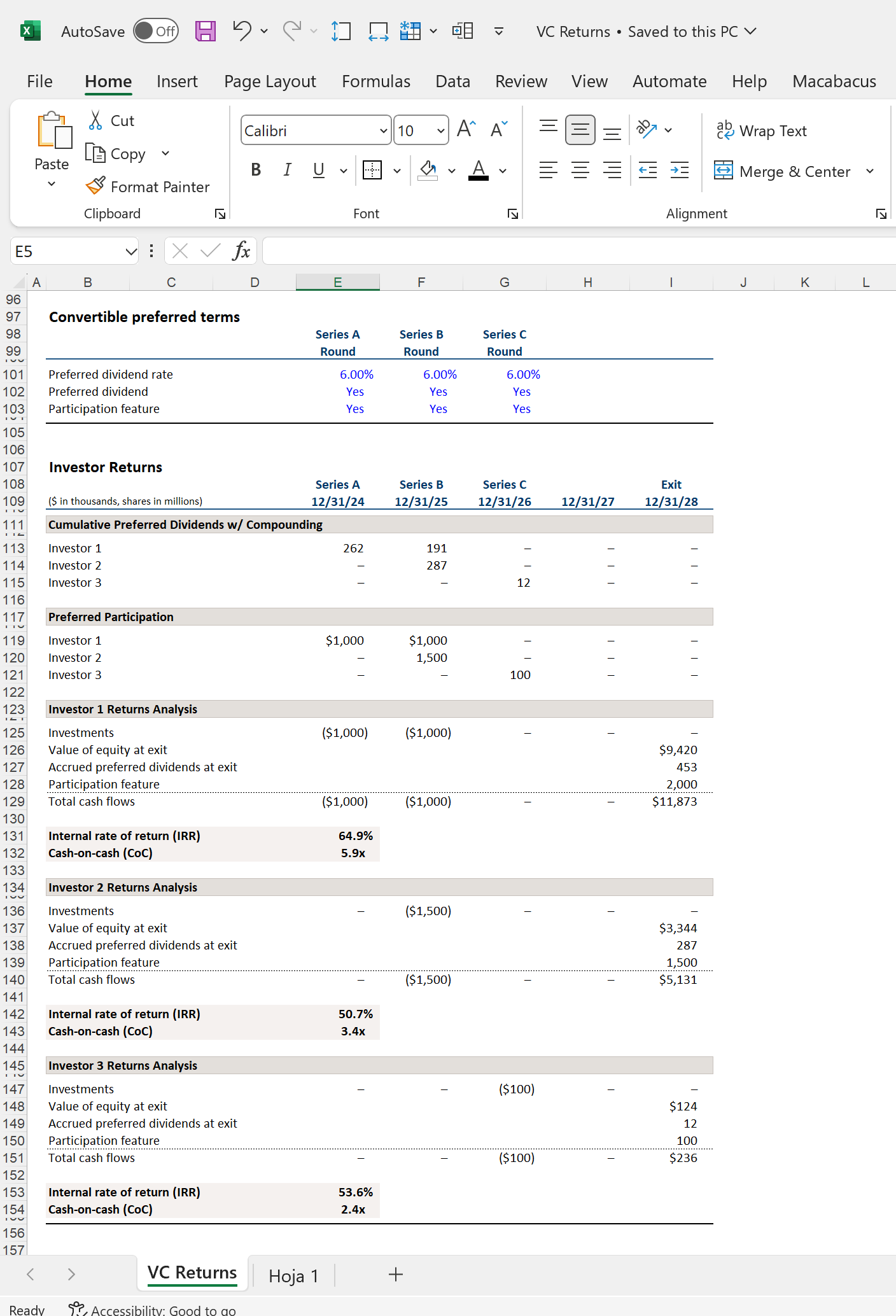 Venture Capital Investment - Financial Model Template