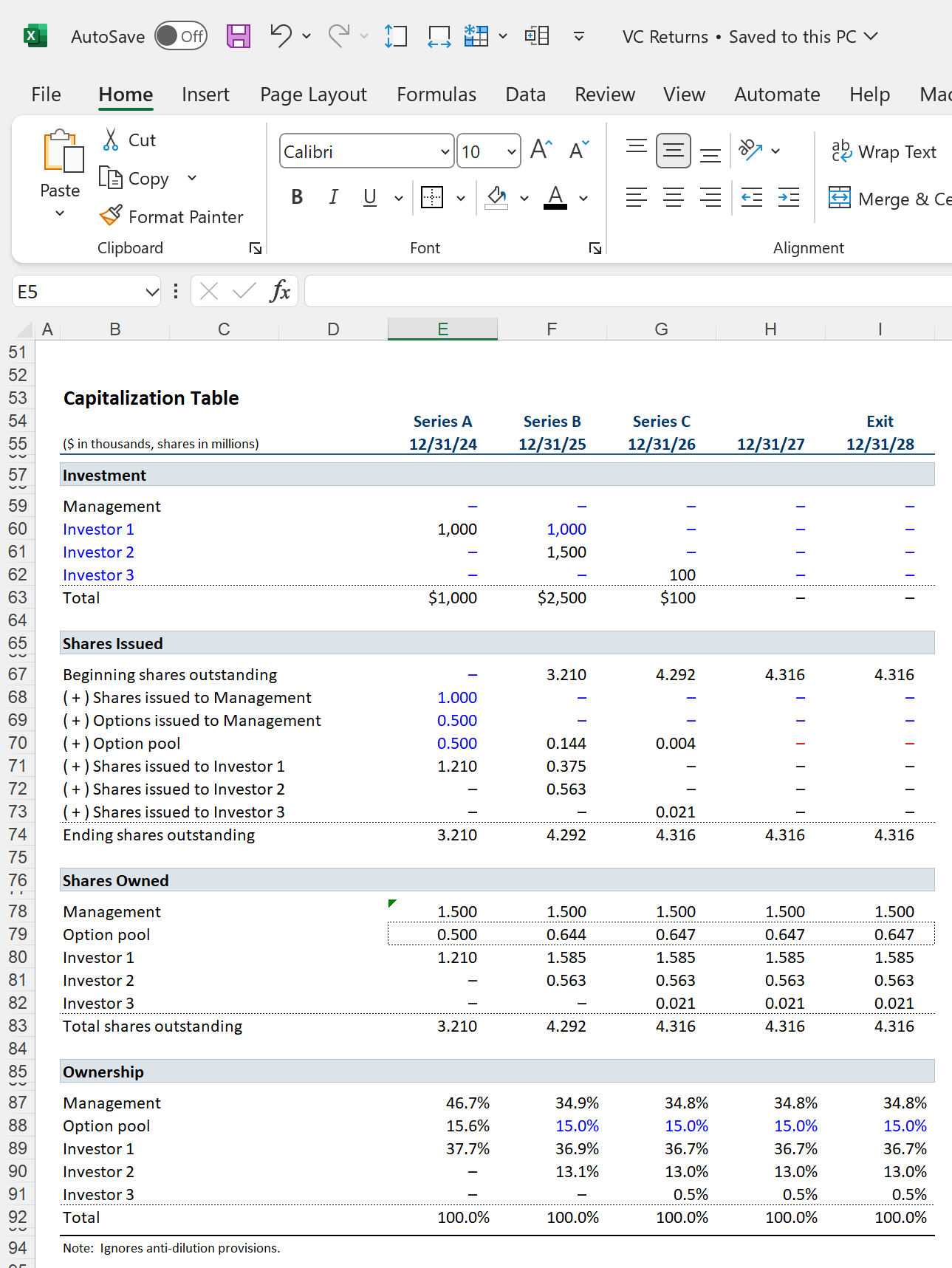 Venture Capital Investment - Financial Model Template