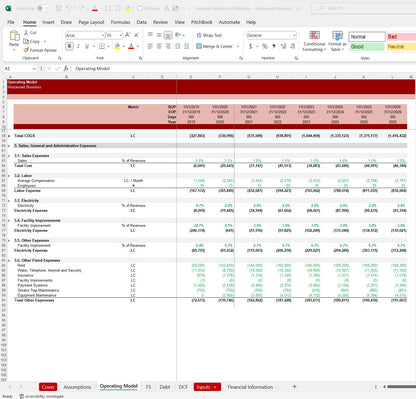Restaurant Financial Model and Valuation Excel Spreadsheet Template. Operating Model snip 2